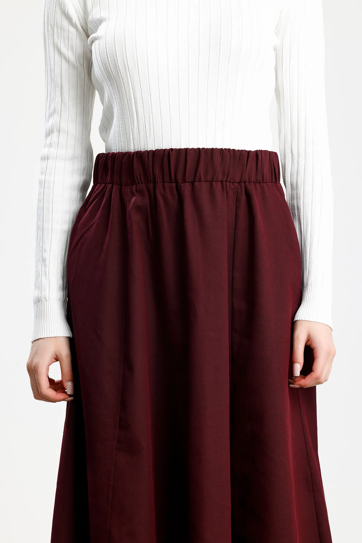 PARÇALI GENİŞ GABARDİN PAMUKLU ETEK BORDO - 3