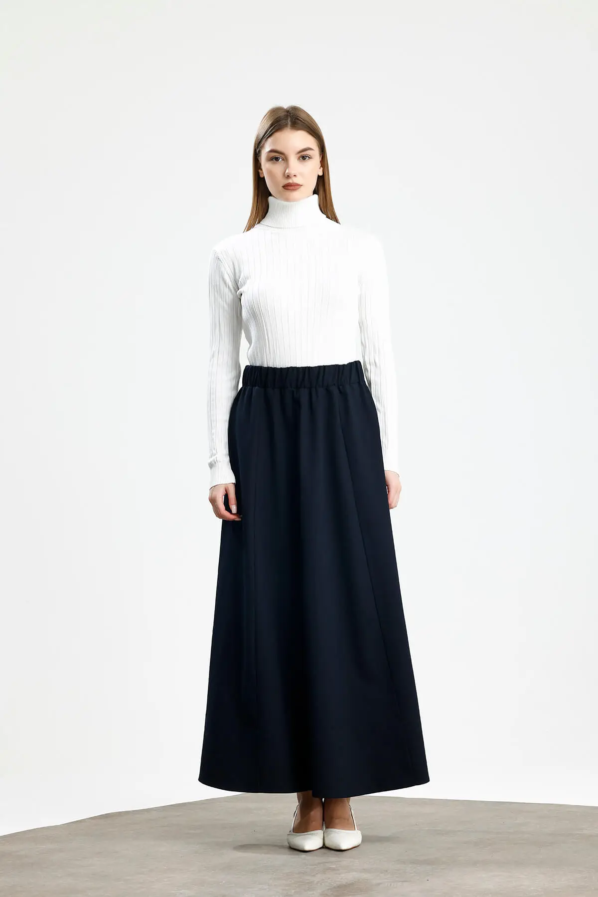 PARÇALI GENİŞ GABARDİN PAMUKLU ETEK KOYU LACİVERT - 1