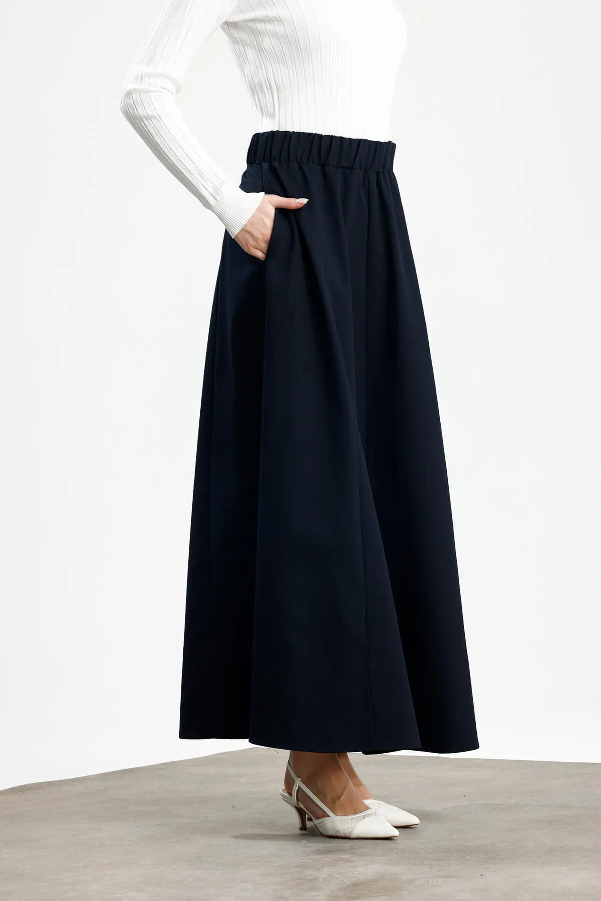 PARÇALI GENİŞ GABARDİN PAMUKLU ETEK KOYU LACİVERT - 2