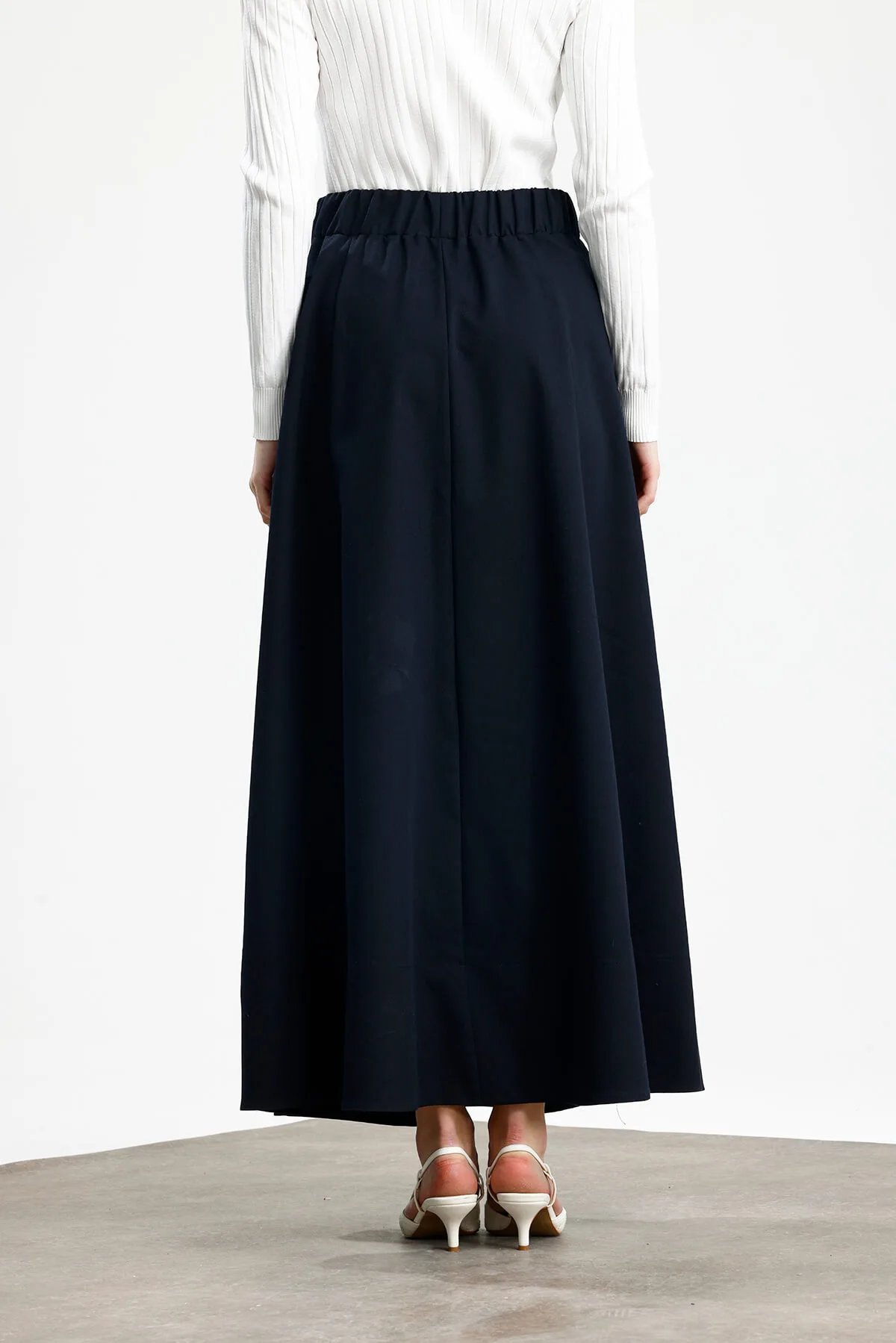 PARÇALI GENİŞ GABARDİN PAMUKLU ETEK KOYU LACİVERT - 3