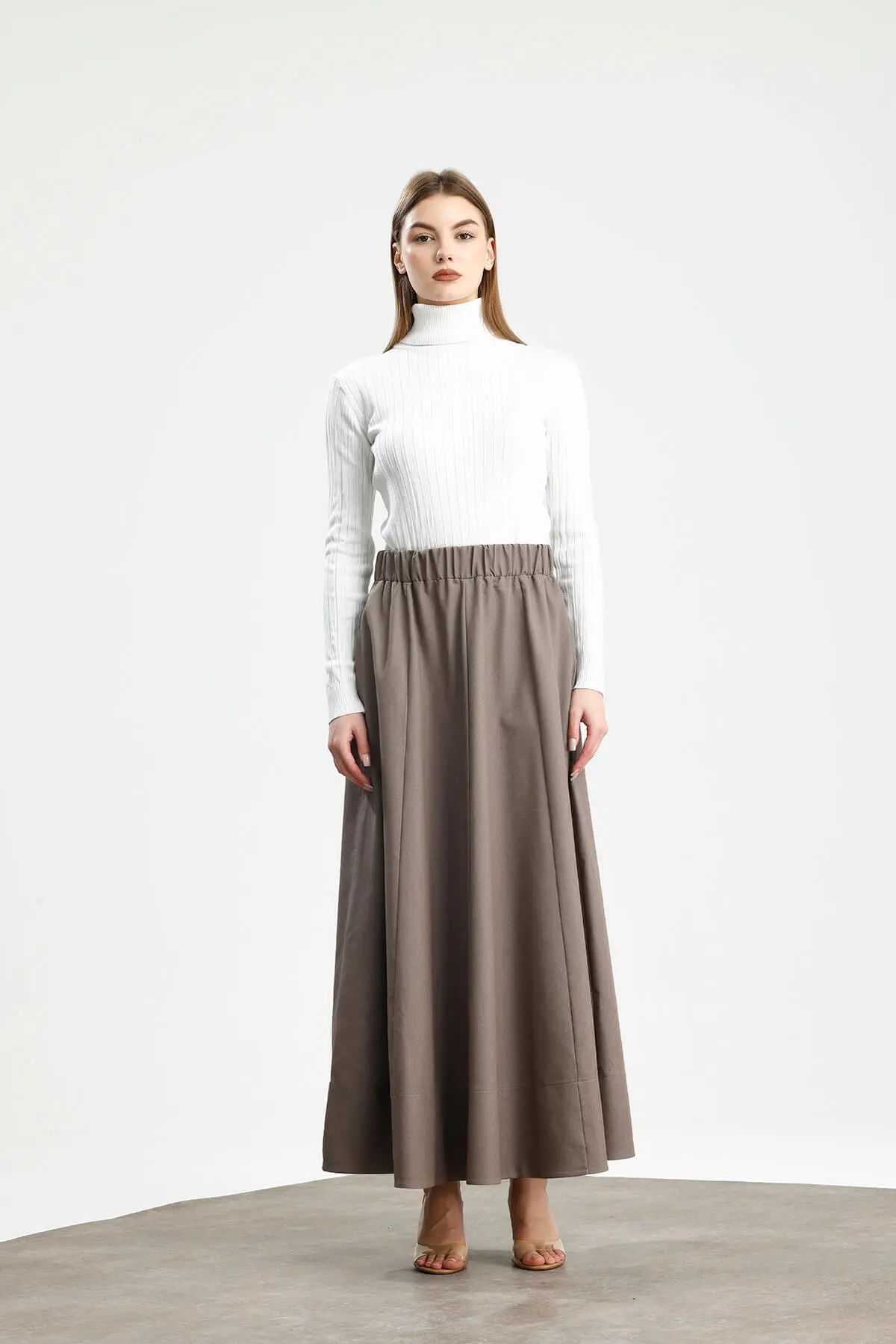 PARÇALI GENİŞ GABARDİN PAMUKLU ETEK VİZON - 1