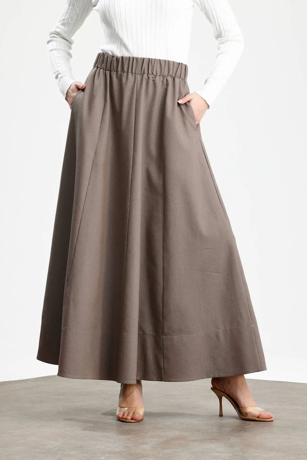 PARÇALI GENİŞ GABARDİN PAMUKLU ETEK VİZON - 2