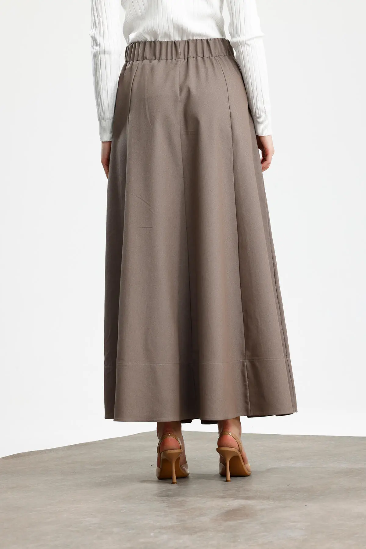 PARÇALI GENİŞ GABARDİN PAMUKLU ETEK VİZON - 3